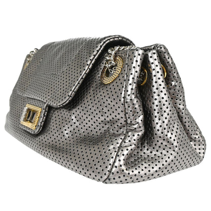 Chanel 2008-2009 Silver Perforated Leather Accordion Flap Mademoiselle Lock Handbag