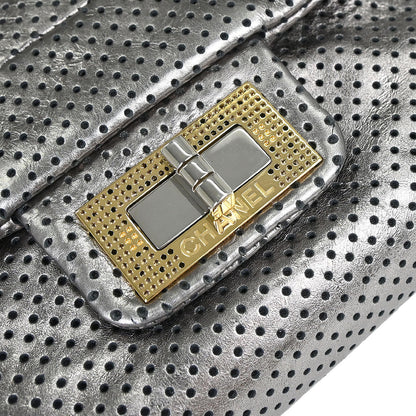 Chanel 2008-2009 Silver Perforated Leather Accordion Flap Mademoiselle Lock Handbag