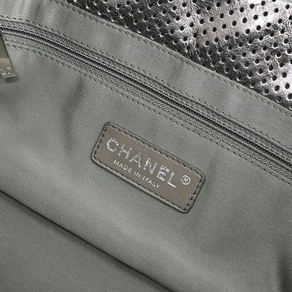Chanel 2008-2009 Silver Perforated Leather Accordion Flap Mademoiselle Lock Handbag