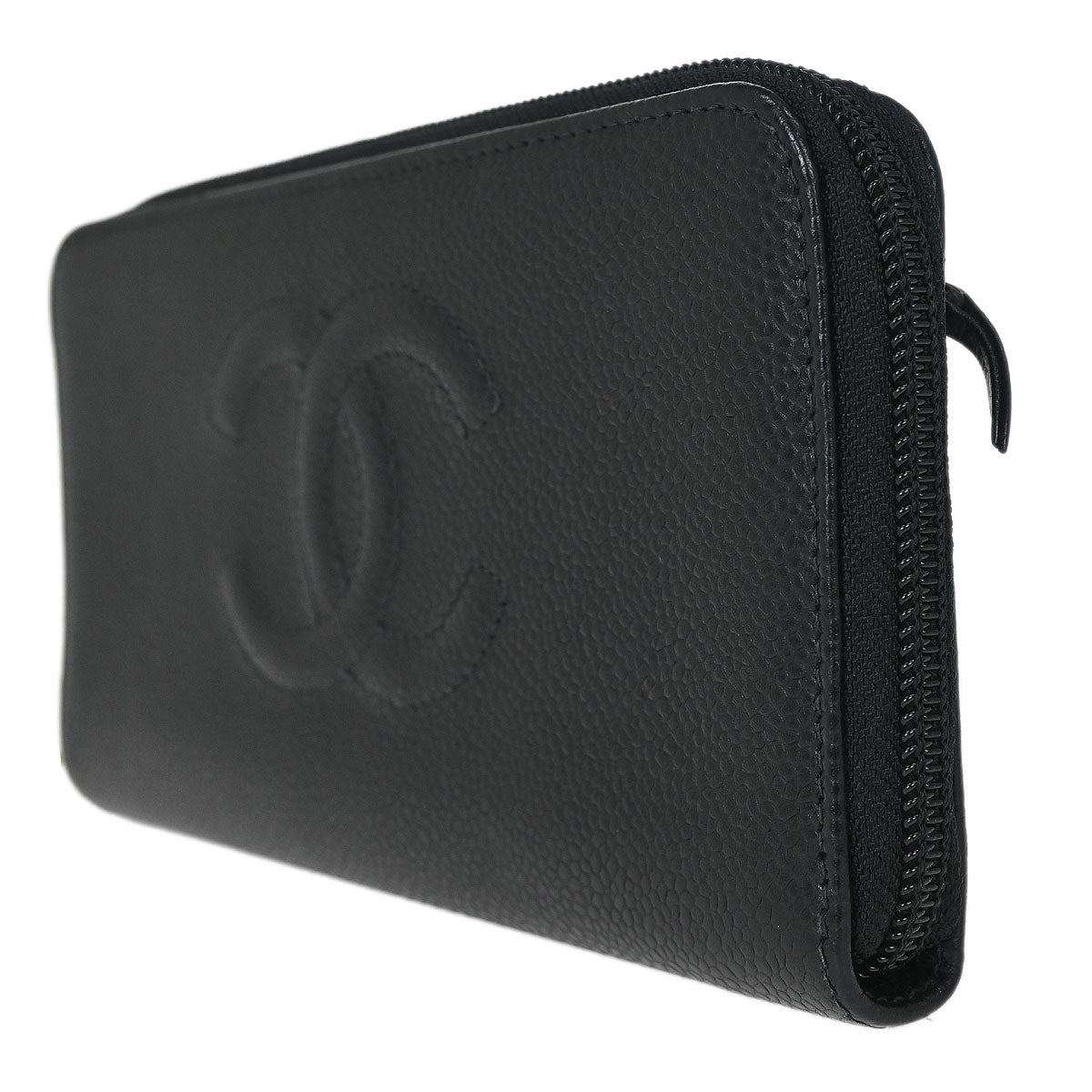 Chanel 2003-2004 Black Caviar Skin Zip Around Wallet