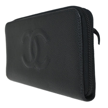Chanel 2003-2004 Black Caviar Skin Zip Around Wallet