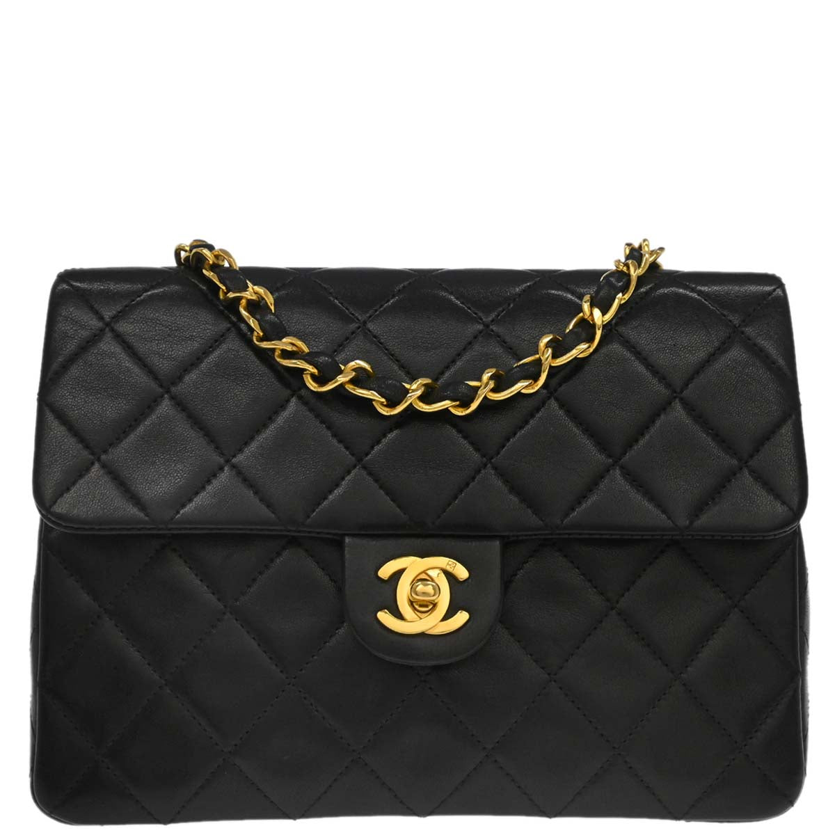 Chanel 1989-1991 Black Lambskin Classic Square Flap Shoulder Bag 20