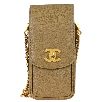 Chanel 1994-1996 Beige Caviar Skin Chain Shoulder Bag Pochette Phone Case