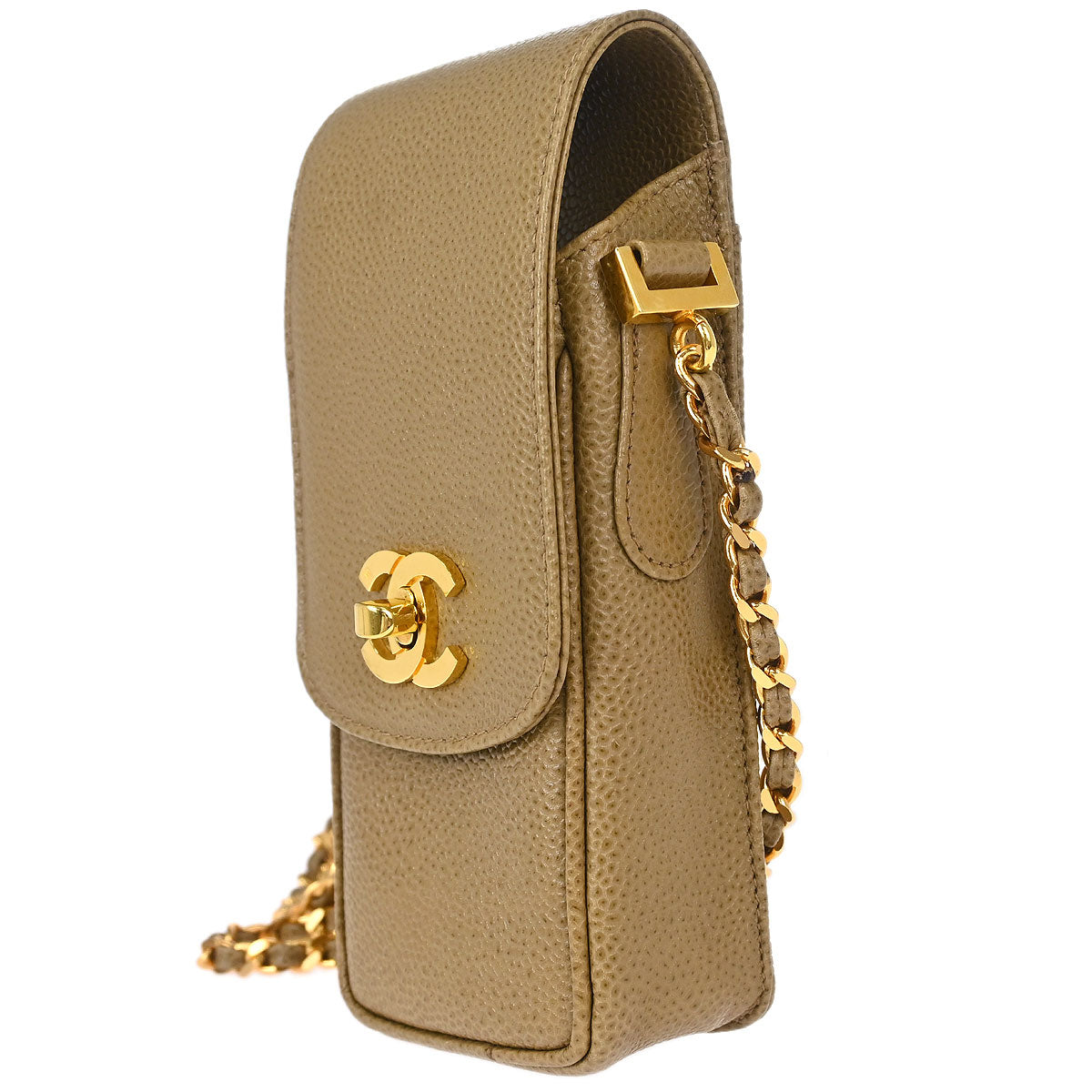 Chanel 1994-1996 Beige Caviar Skin Chain Shoulder Bag Pochette Phone Case