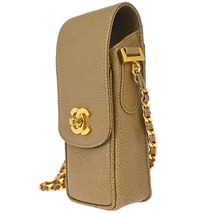 Chanel 1994-1996 Beige Caviar Skin Chain Shoulder Bag Pochette Phone Case
