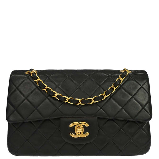 Chanel 1991-1994 Black Lambskin Small Classic Double Flap Shoulder Bag