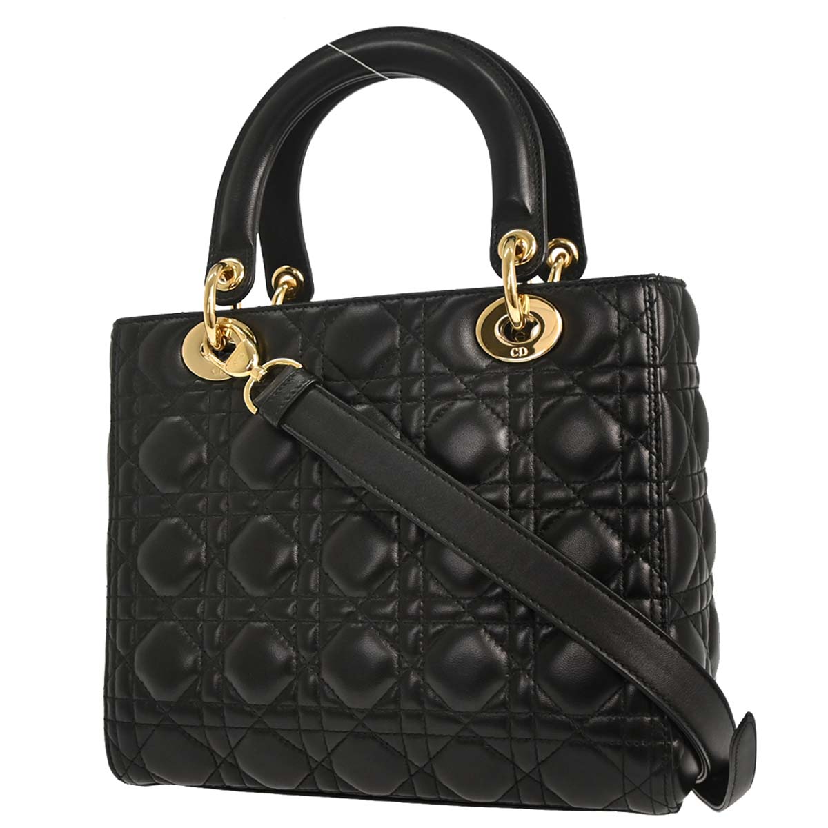 Christian Dior Black Lambskin Medium Lady Dior Cannage 2way Shoulder Handbag