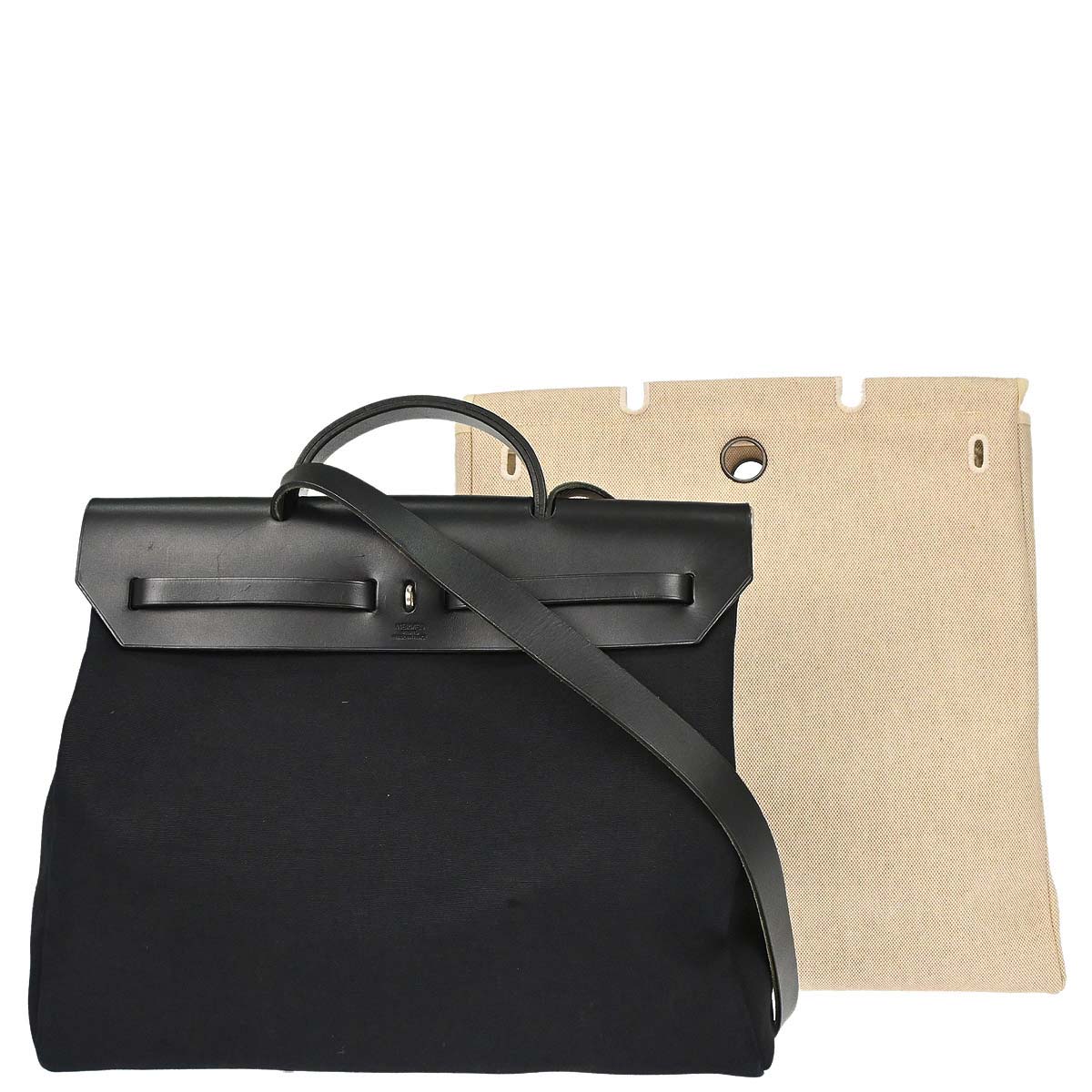 Hermes Natural Black Toile H Officier Herbag MM 2way Shoulder Handbag