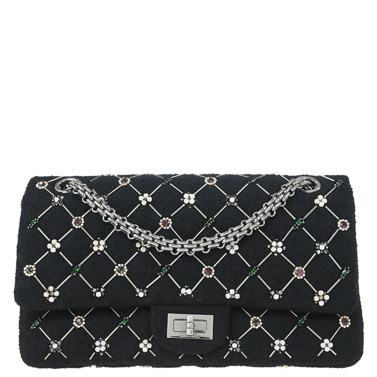 Chanel 2008-2009 Black Tweed 2.55 Medium Classic Double Flap Shoulder Bag