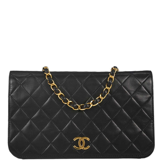 Chanel 1997-1999 Black Lambskin Pushlock Small Full Flap Shoulder Bag