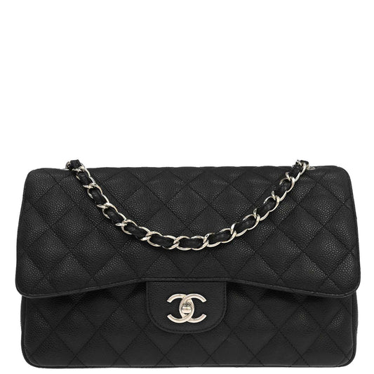 Chanel 2018-2019 Black Caviar Skin Jumbo Classic Double Flap Shoulder Bag