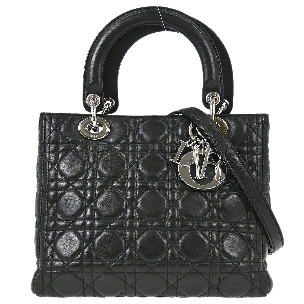 Christian Dior Black Lambskin Medium Lady Dior Cannage 2way Shoulder Handbag