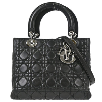 Christian Dior Black Lambskin Medium Lady Dior Cannage 2way Shoulder Handbag