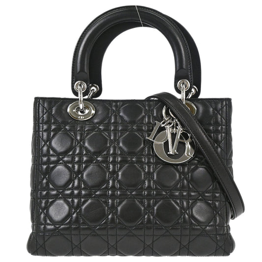 Christian Dior Black Lambskin Medium Lady Dior Cannage 2way Shoulder Handbag