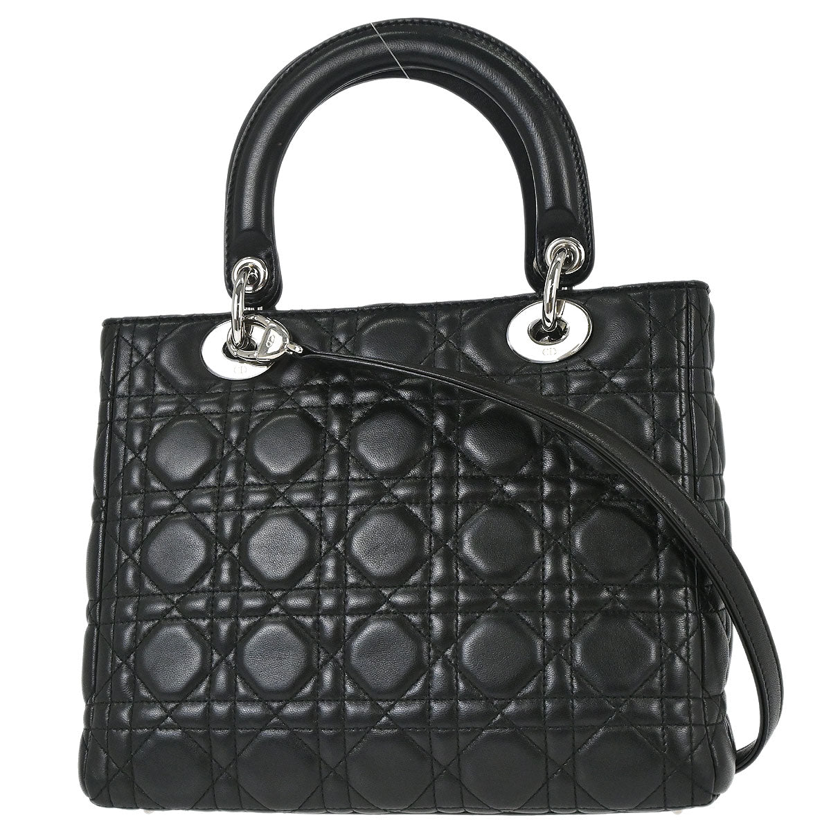 Christian Dior Black Lambskin Medium Lady Dior Cannage 2way Shoulder Handbag