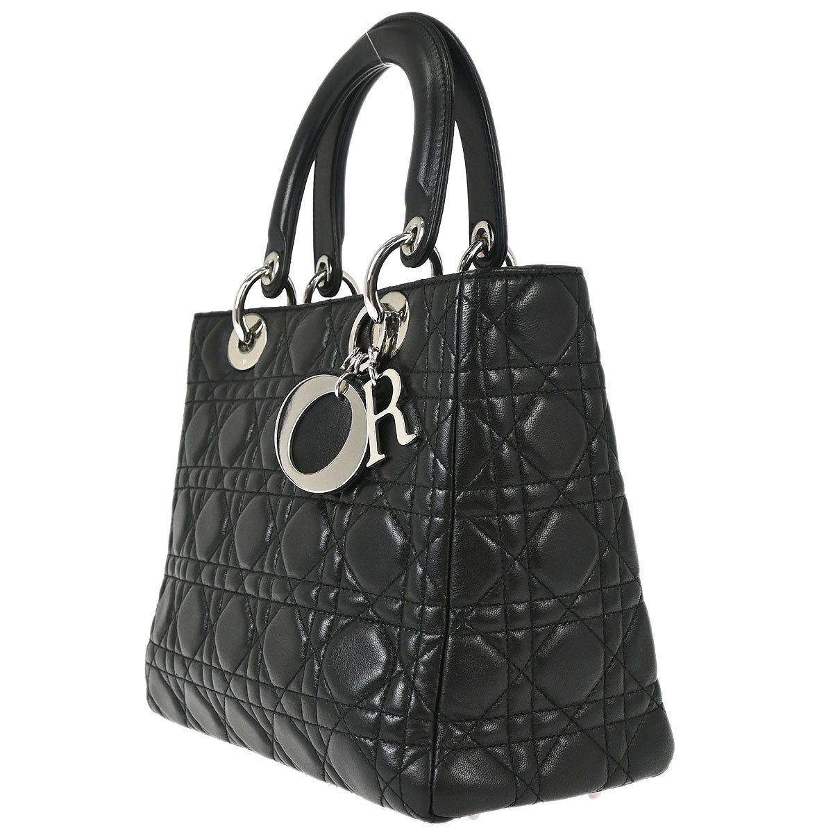 Christian Dior Black Lambskin Medium Lady Dior Cannage 2way Shoulder Handbag