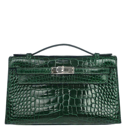 Hermes * Vert Fonce Alligator Kelly Pochette Handbag