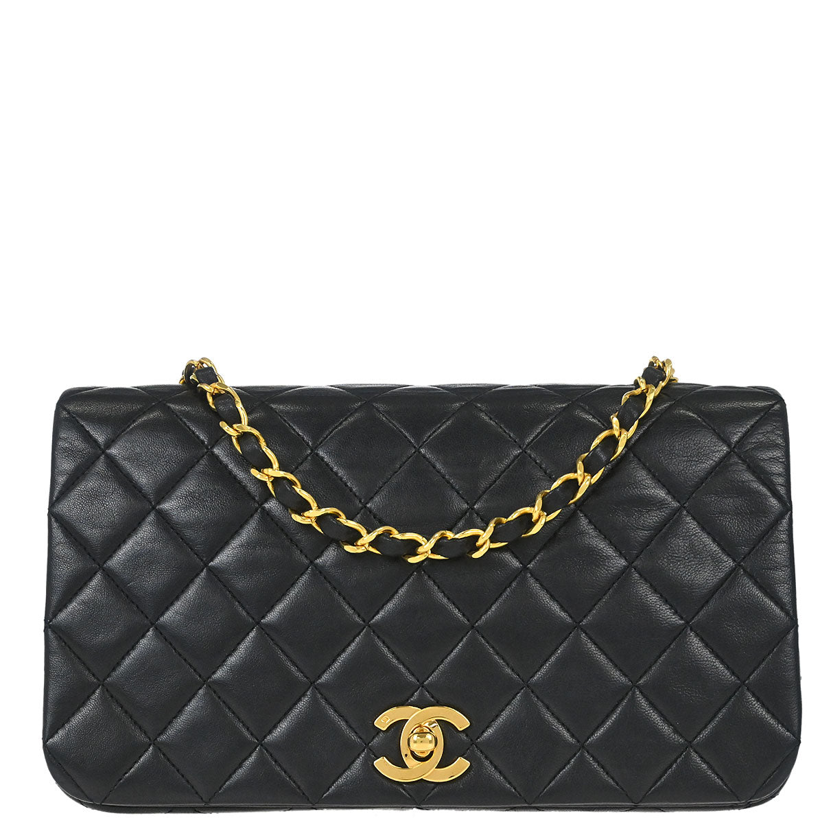 Chanel 1989-1991 Black Lambskin Turnlock Small Full Flap Shoulder Bag