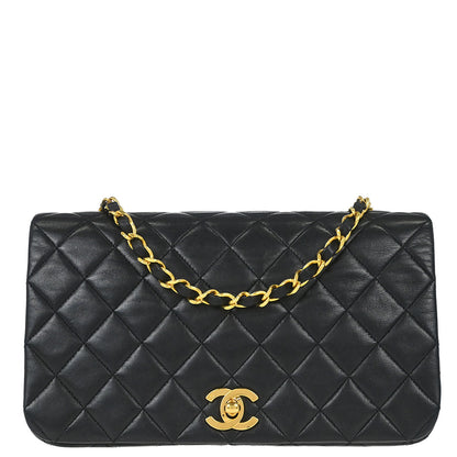 Chanel 1989-1991 Black Lambskin Turnlock Small Full Flap Shoulder Bag