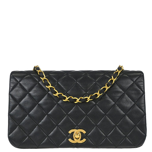 Chanel 1989-1991 Black Lambskin Turnlock Small Full Flap Shoulder Bag