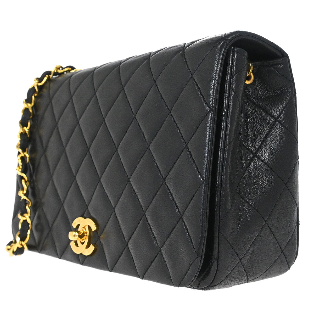 Chanel 1989-1991 Black Lambskin Turnlock Small Full Flap Shoulder Bag