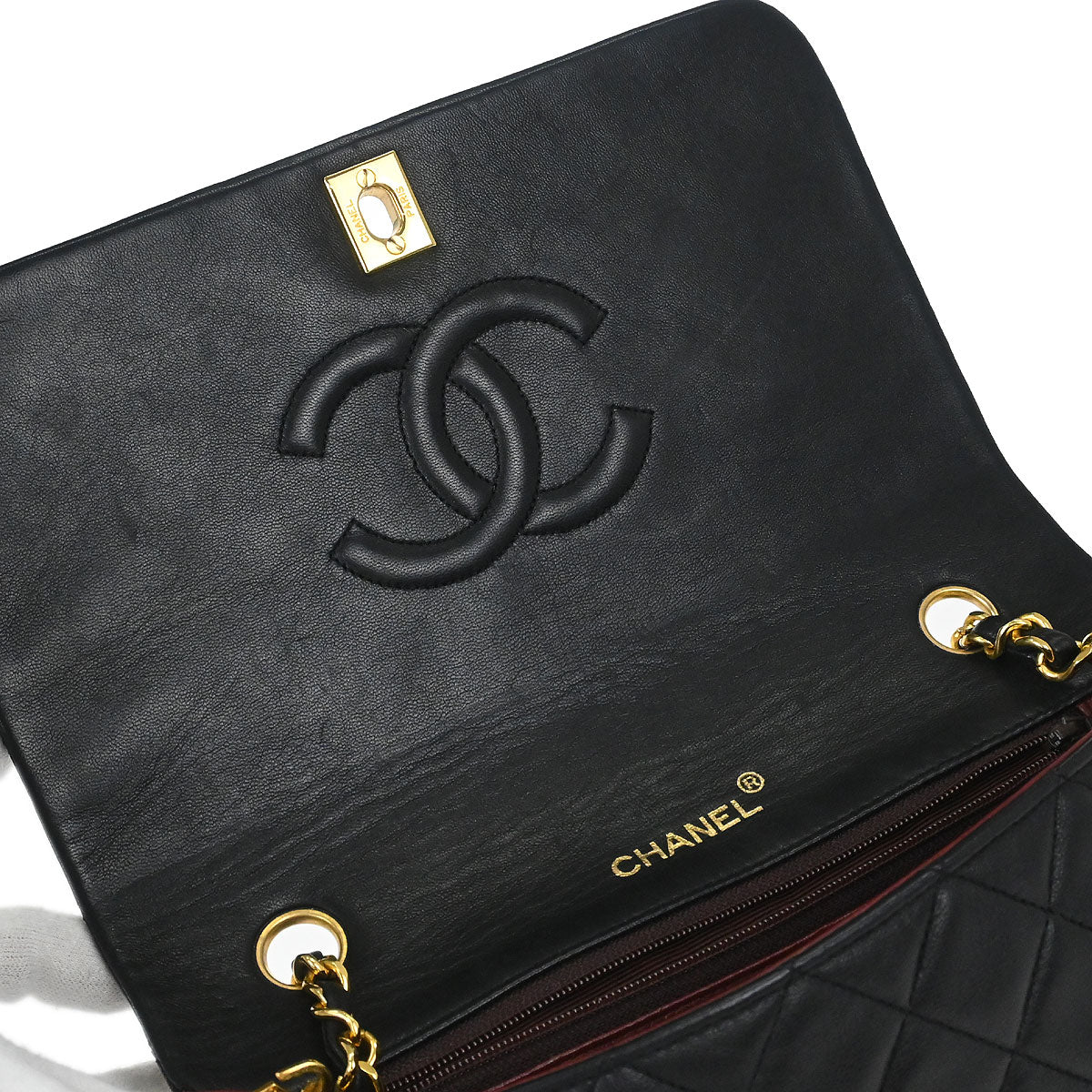 Chanel 1989-1991 Black Lambskin Turnlock Small Full Flap Shoulder Bag