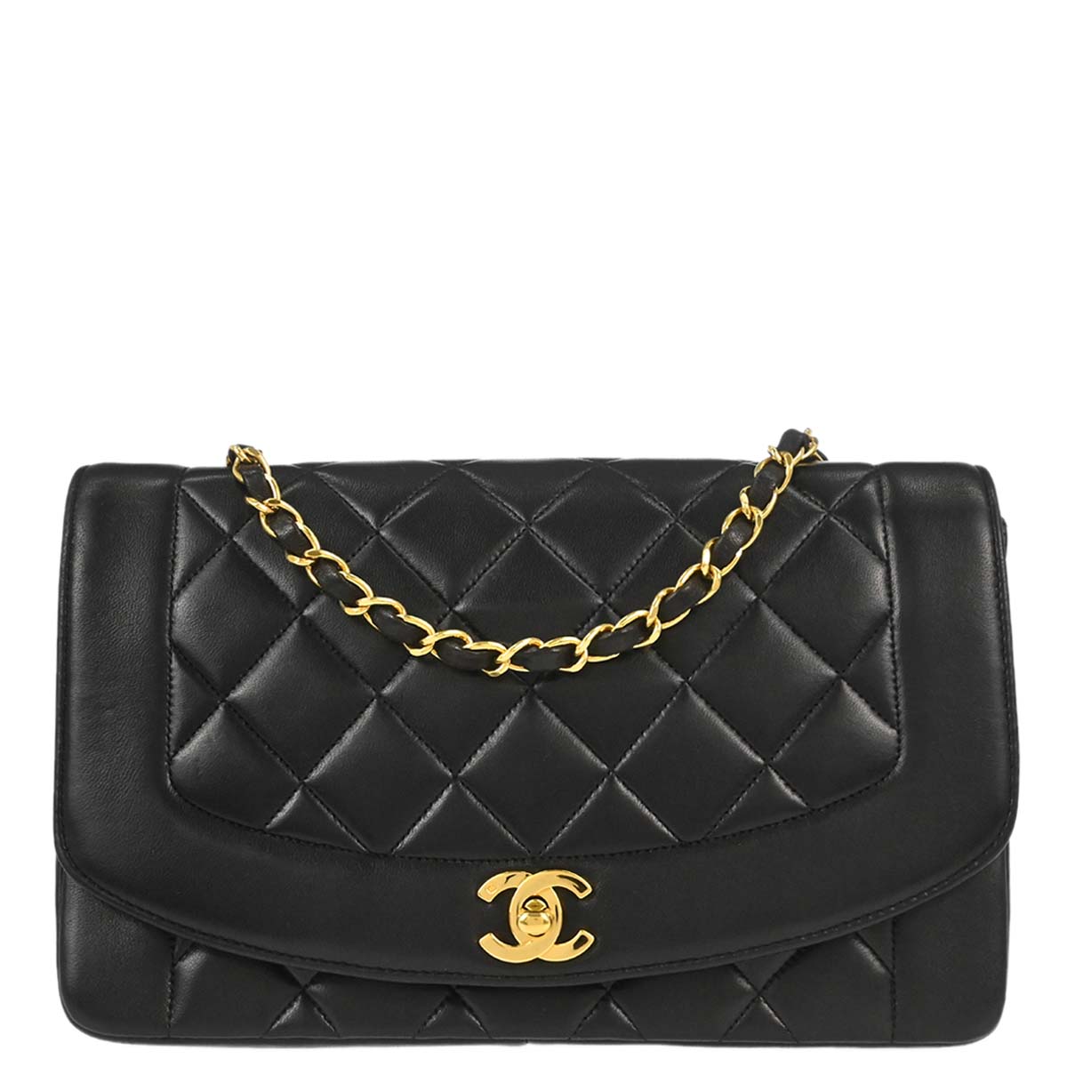Chanel 1991-1994 Black Lambskin Medium Diana Shoulder Bag