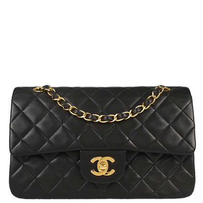 Chanel 1991-1994 Black Lambskin Small Classic Double Flap Shoulder Bag