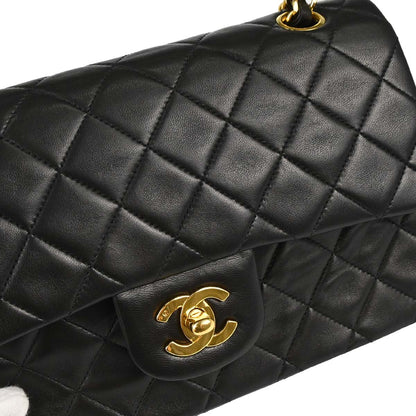 Chanel 1991-1994 Black Lambskin Small Classic Double Flap Shoulder Bag