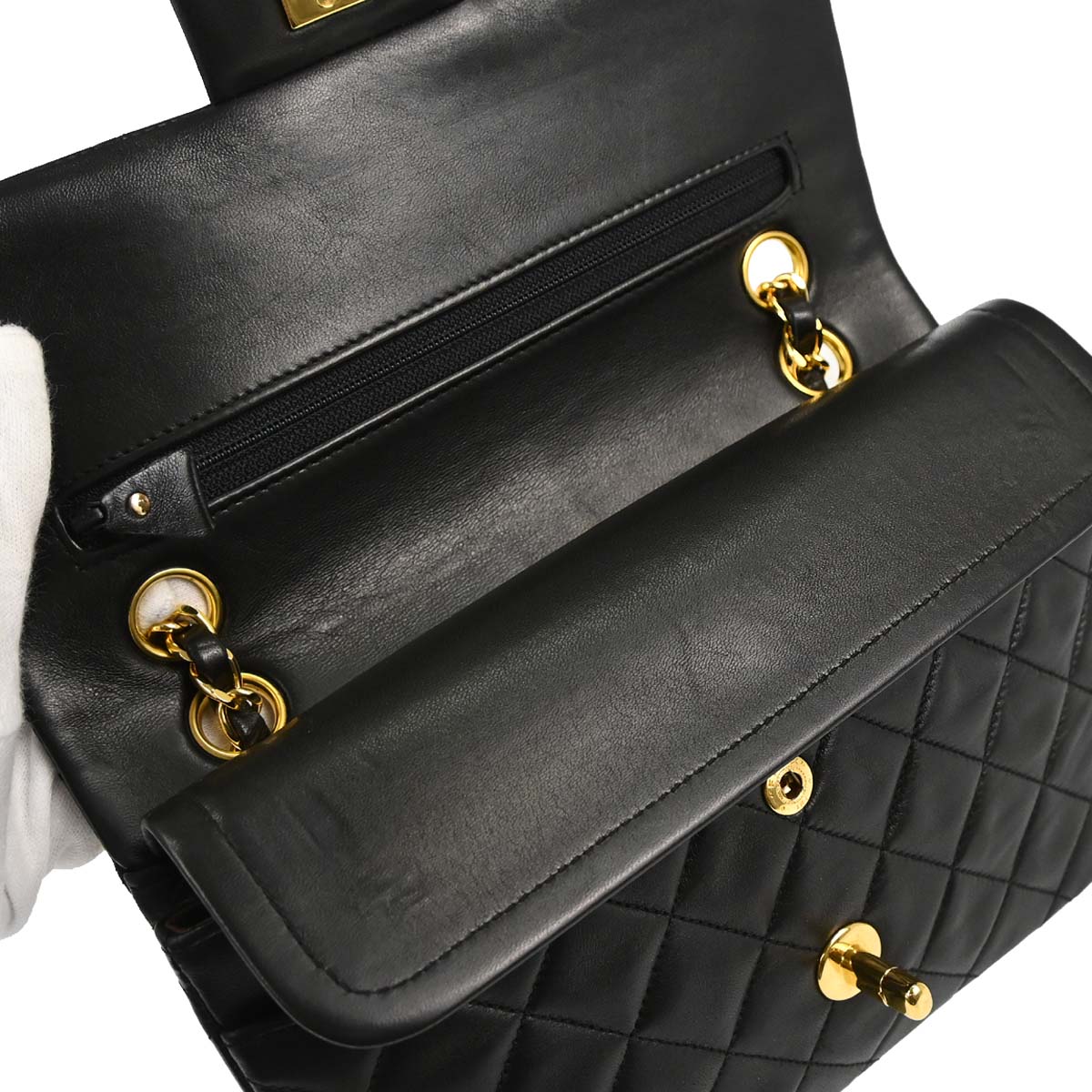 Chanel 1991-1994 Black Lambskin Small Classic Double Flap Shoulder Bag