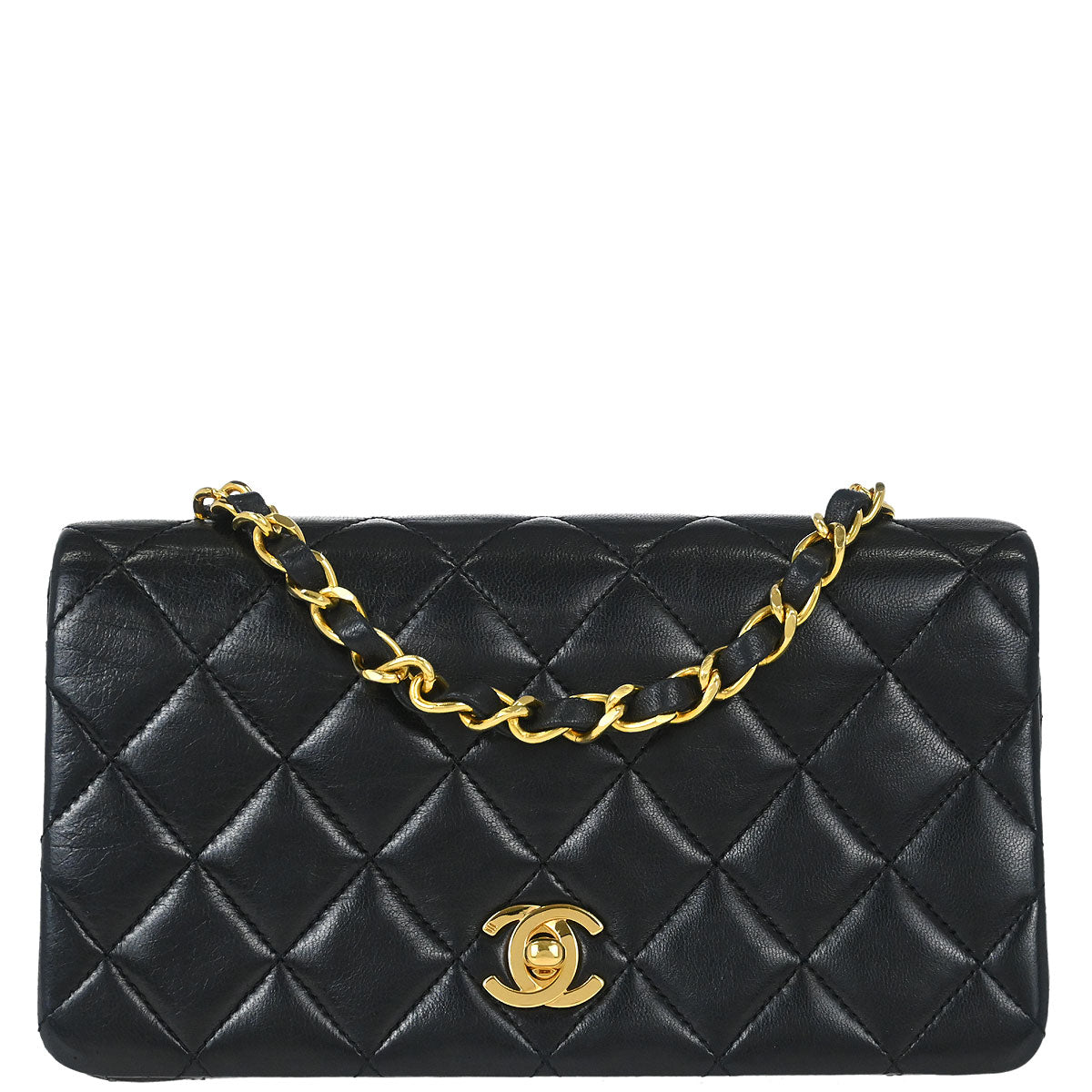 Chanel 1989-1991 Black Lambskin Turnlock Mini Full Flap Shoulder Bag
