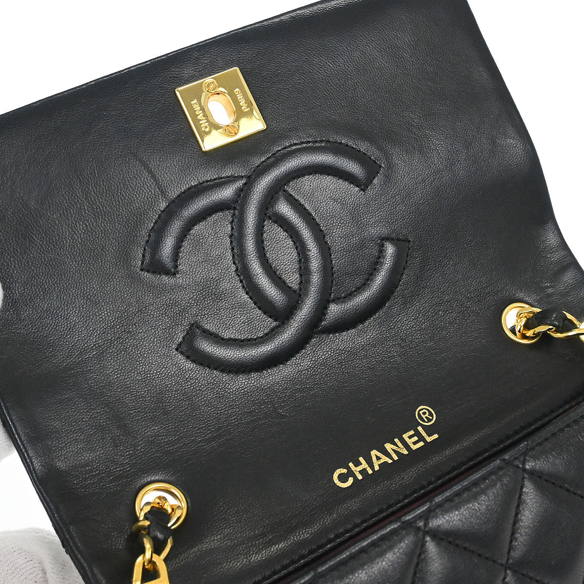 Chanel 1989-1991 Black Lambskin Turnlock Mini Full Flap Shoulder Bag