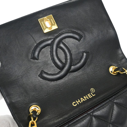 Chanel 1989-1991 Black Lambskin Turnlock Mini Full Flap Shoulder Bag
