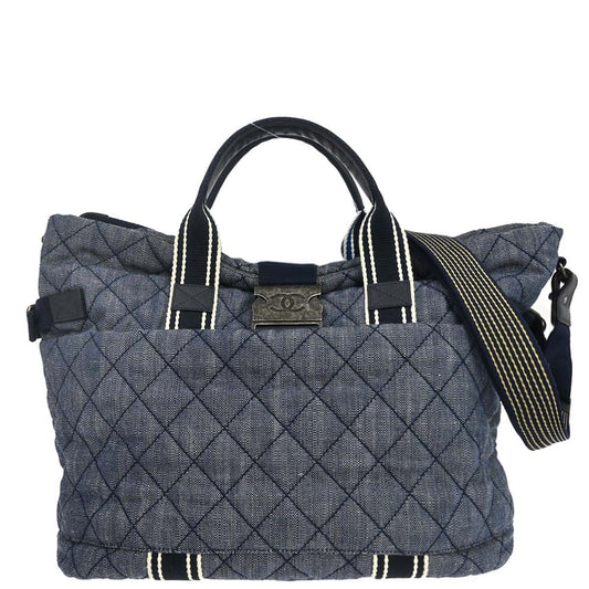 Chanel 2016-2017 Blue Quilted Denim Airlines Buckle 2way Shoulder Tote Handbag