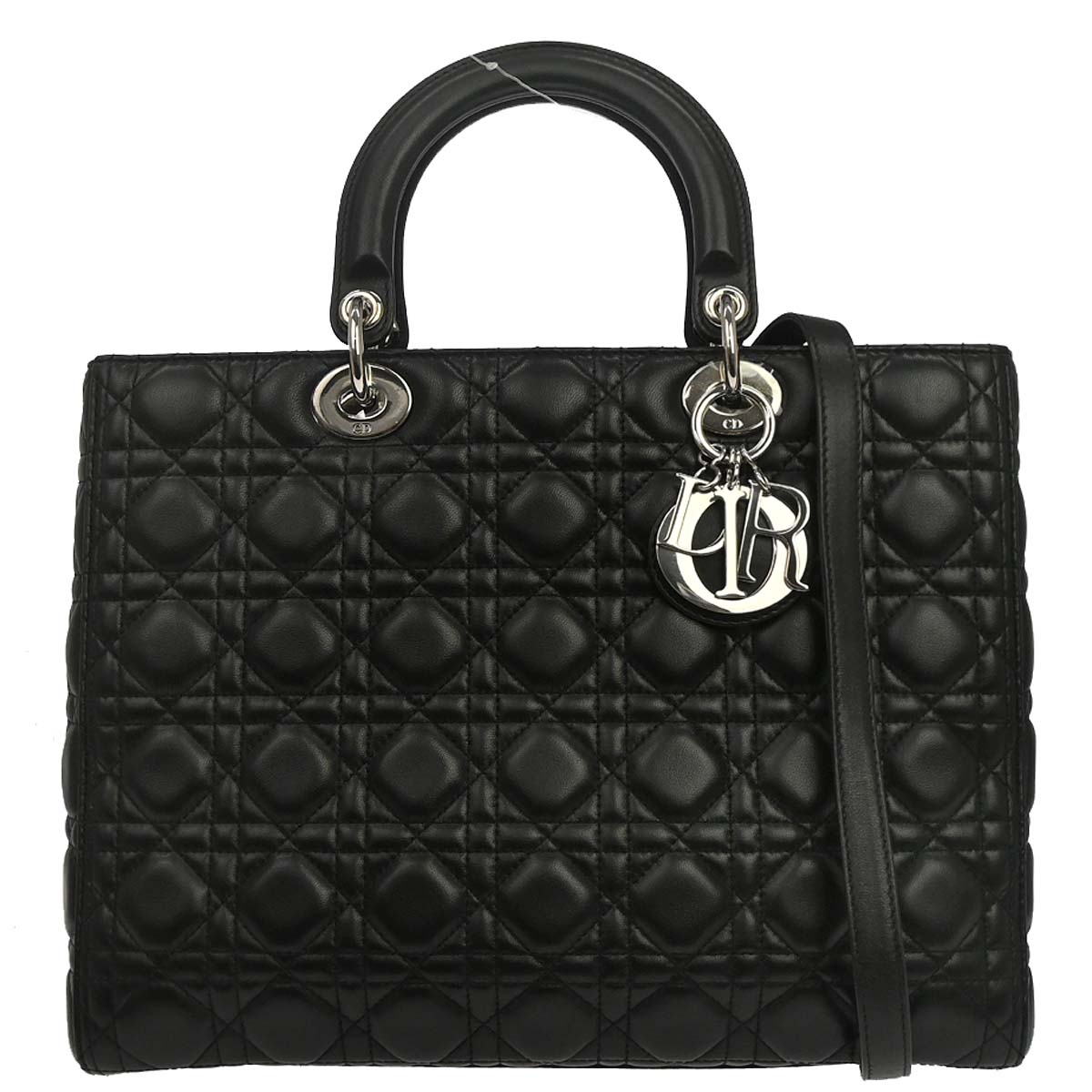 Christian Dior Black Lambskin Large Lady Dior Cannage 2way Shoulder Handbag