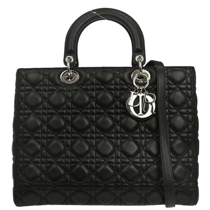 Christian Dior Black Lambskin Large Lady Dior Cannage 2way Shoulder Handbag