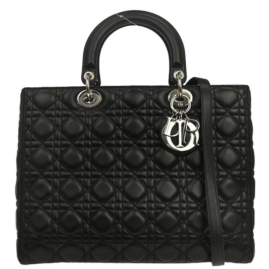 Christian Dior Black Lambskin Large Lady Dior Cannage 2way Shoulder Handbag