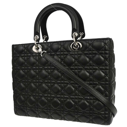 Christian Dior Black Lambskin Large Lady Dior Cannage 2way Shoulder Handbag