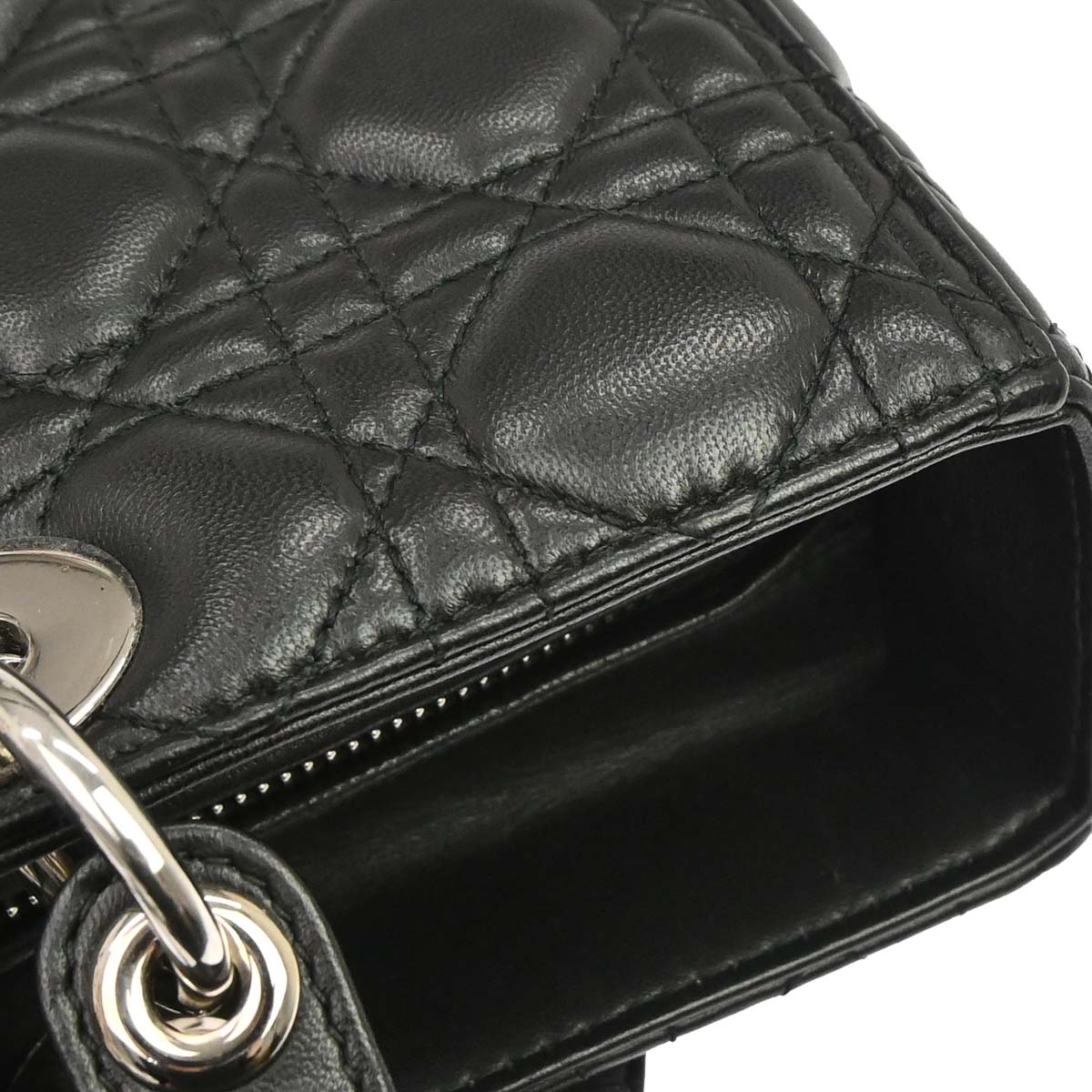Christian Dior Black Lambskin Large Lady Dior Cannage 2way Shoulder Handbag