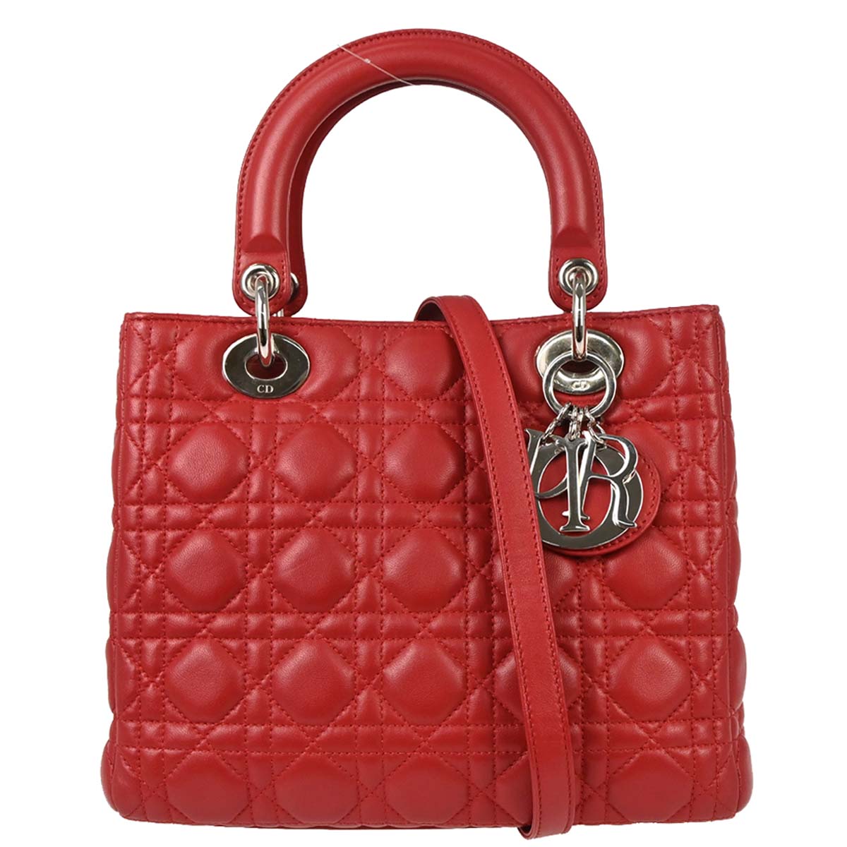 Christian Dior Red Lambskin Medium Lady Dior Cannage 2way Shoulder Handbag