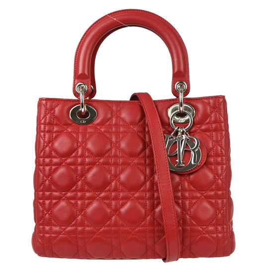 Christian Dior Red Lambskin Medium Lady Dior Cannage 2way Shoulder Handbag