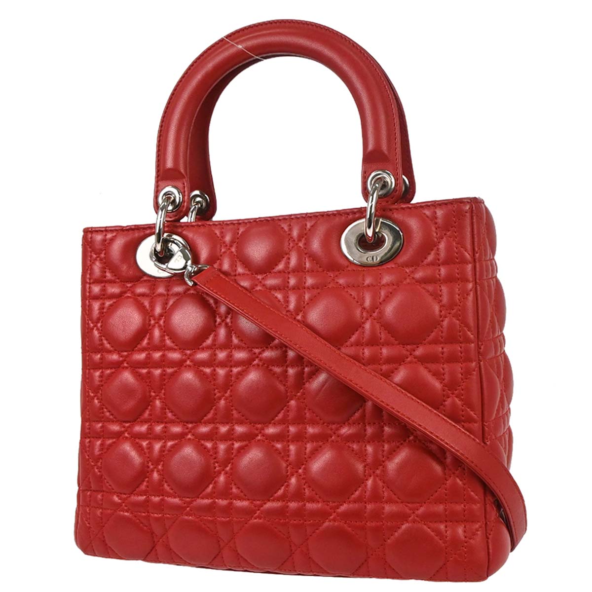 Christian Dior Red Lambskin Medium Lady Dior Cannage 2way Shoulder Handbag