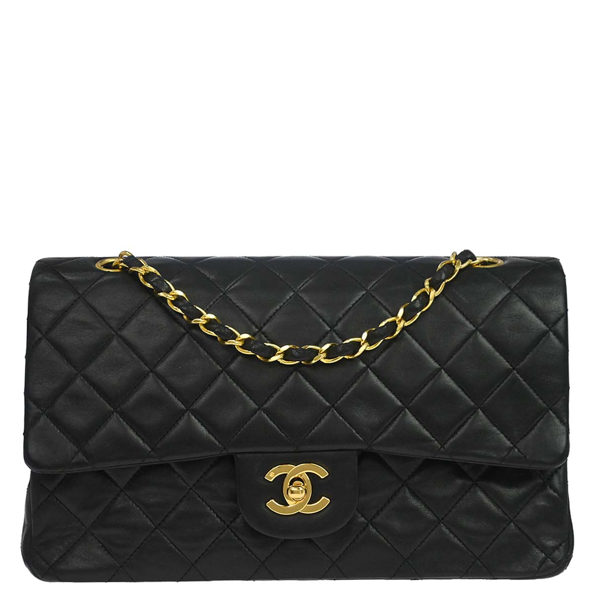 Chanel 1989-1991 Black Lambskin Medium Classic Double Flap Shoulder Bag