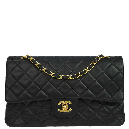 Chanel 1989-1991 Black Lambskin Medium Classic Double Flap Shoulder Bag