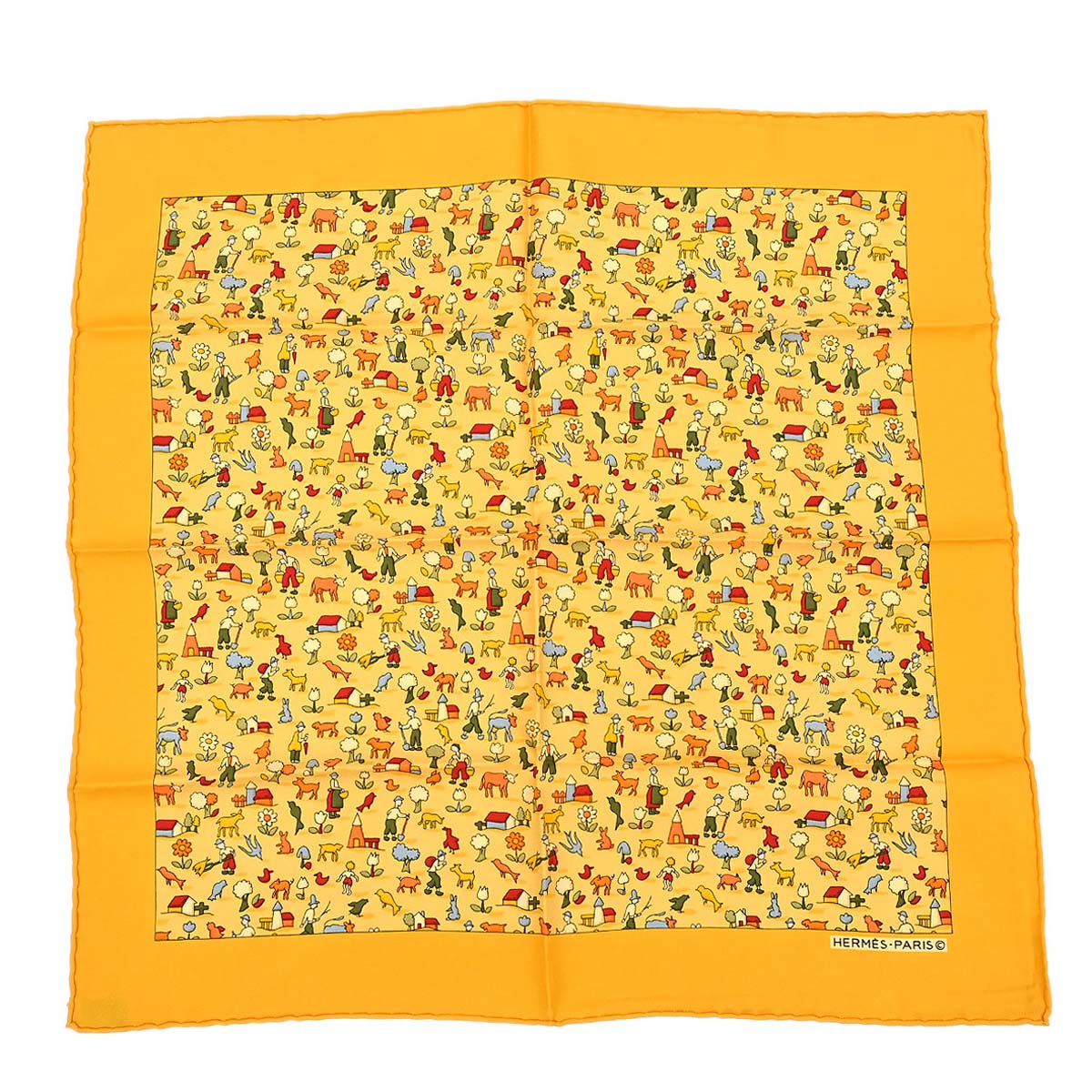 Hermes Scarf Petite Carre Farm Life Yellow Small Good – AMORE