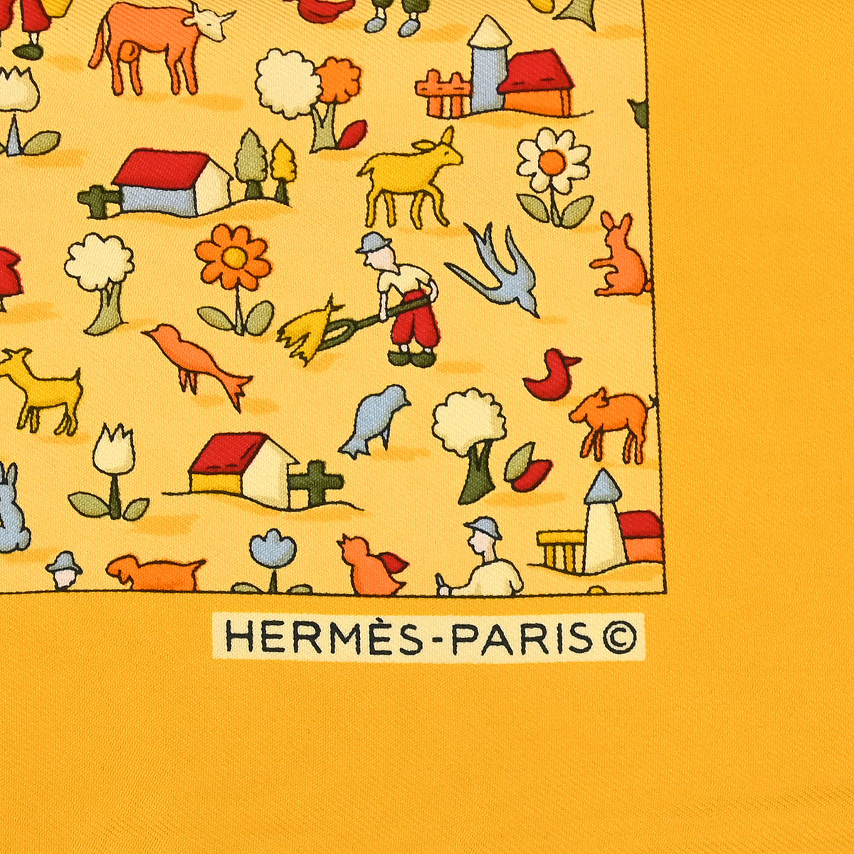 Hermes Scarf Petite Carre Farm Life Yellow Small Good
