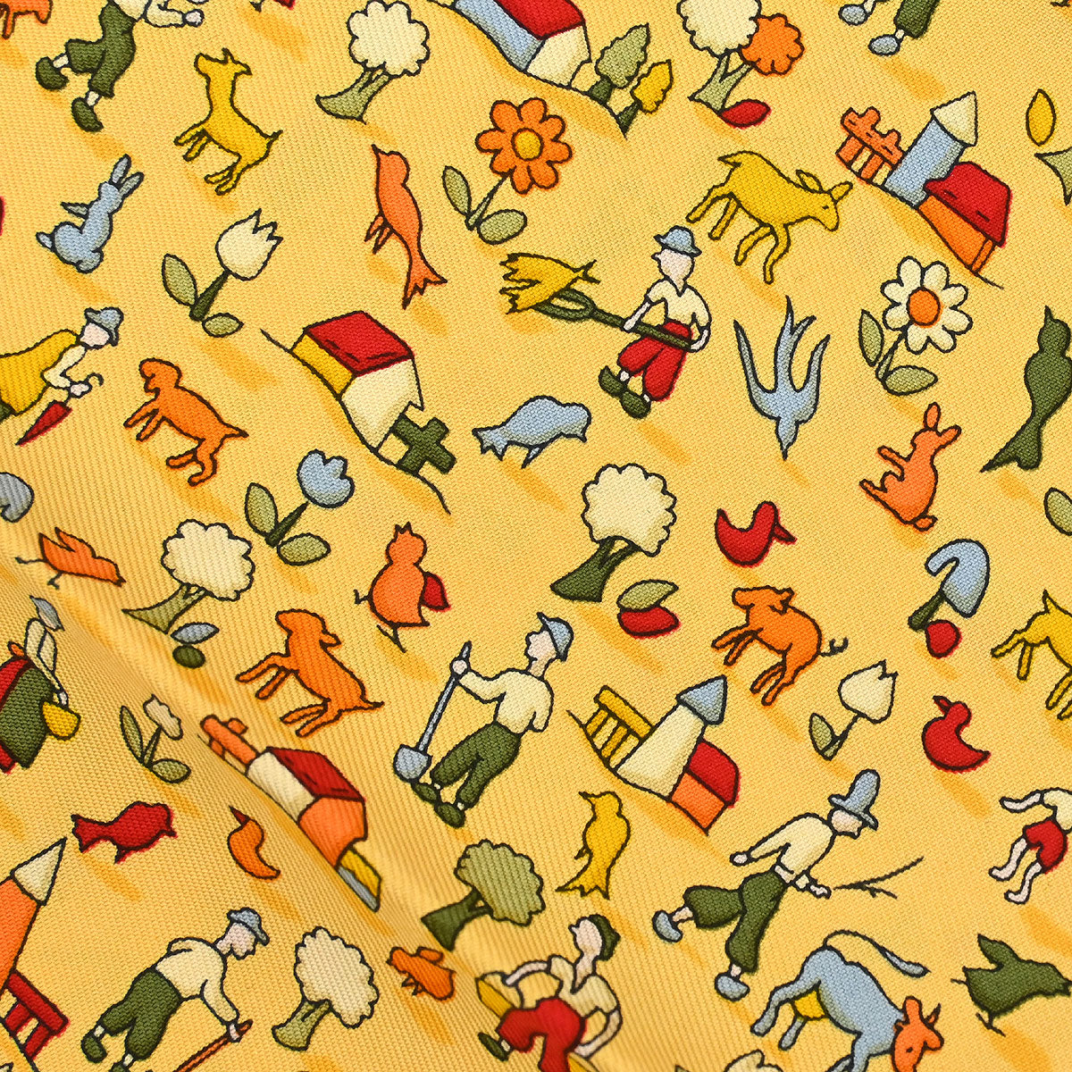 Hermes Scarf Petite Carre Farm Life Yellow Small Good