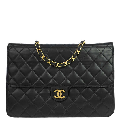 Chanel Black Lambskin Pushlock Medium Half Flap Shoulder Bag