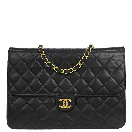 Chanel Black Lambskin Pushlock Medium Half Flap Shoulder Bag