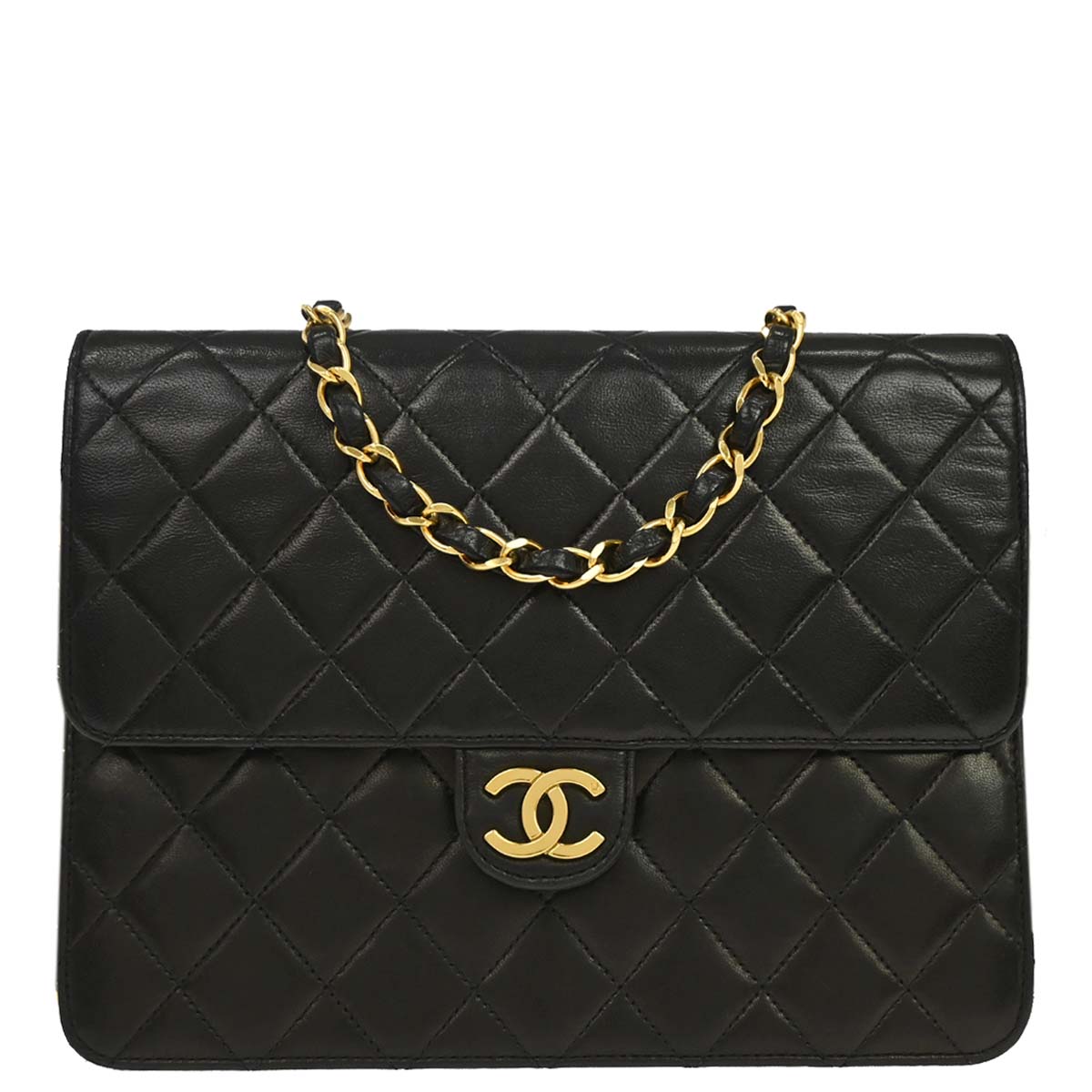 Chanel 1991-1994 Black Lambskin Pushlock Small Half Flap Shoulder Bag